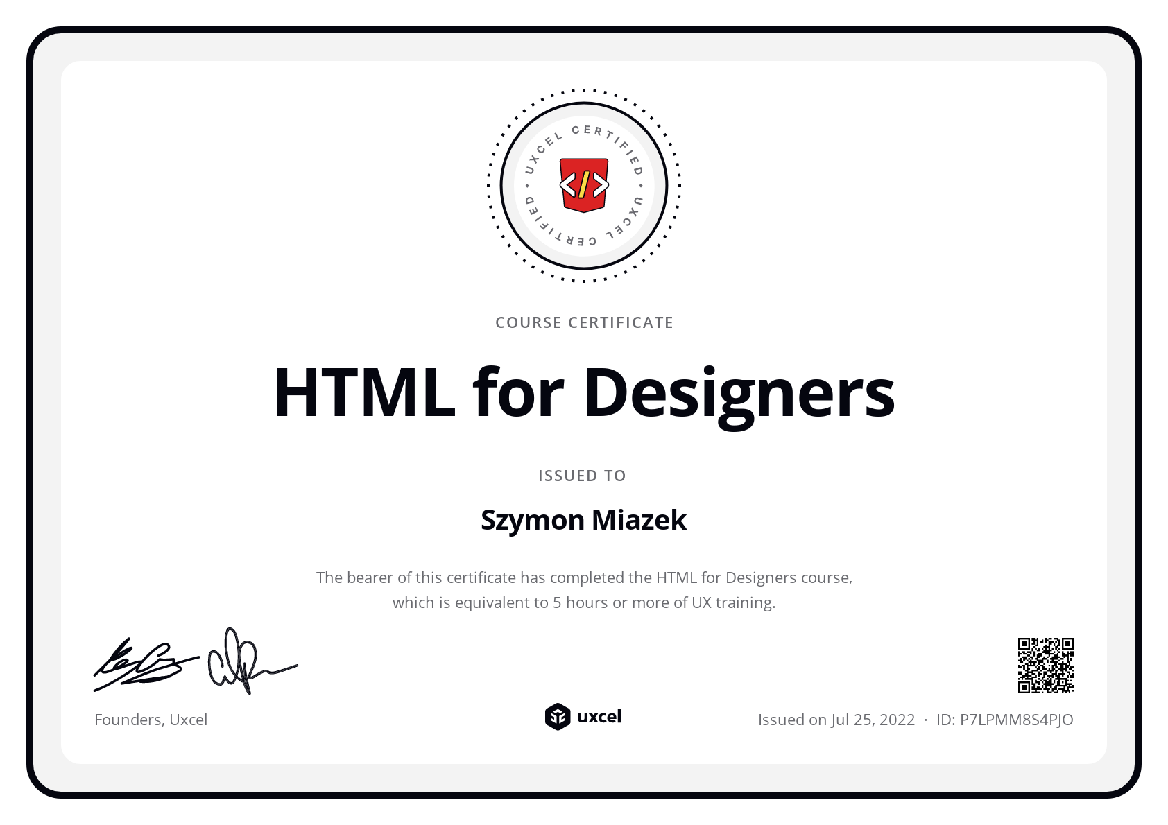 Szymon Miazek's certificate